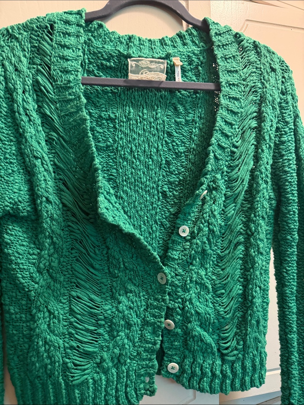 Qi Emerald Green Cropped Open-Knit Button Front Cardigan